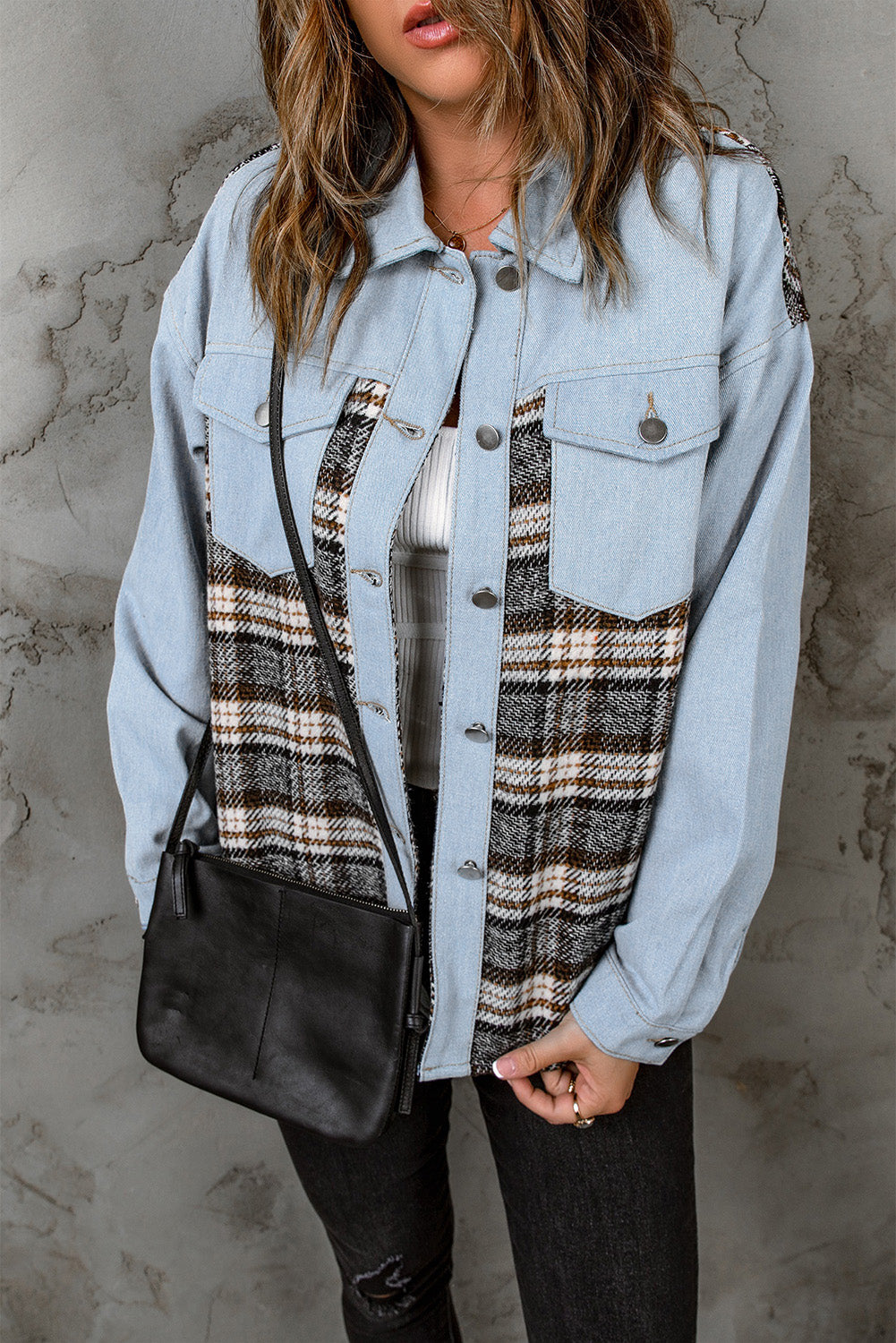 Sky Blue Plaid Patchwork Raw Hem Denim Jacket