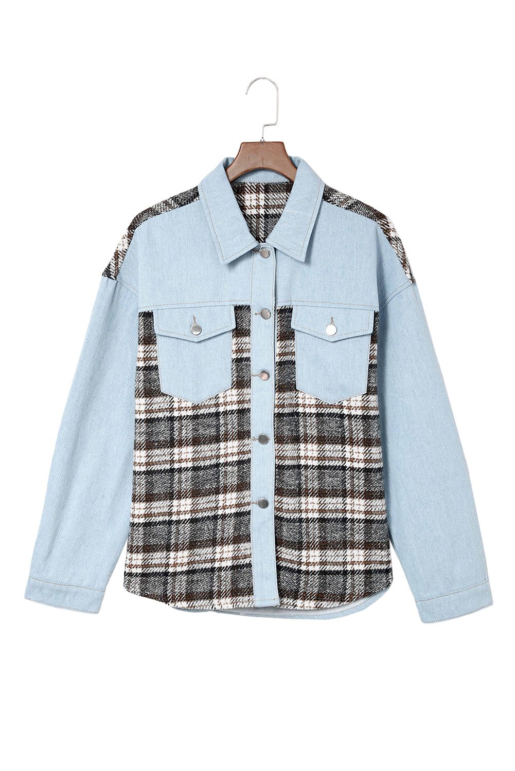 Sky Blue Plaid Patchwork Raw Hem Denim Jacket