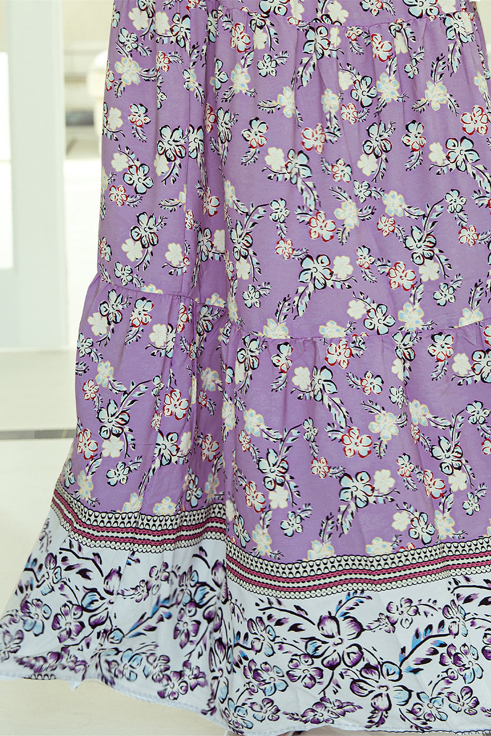 Purple Floral Print Shirred High Waist Maxi Skirt