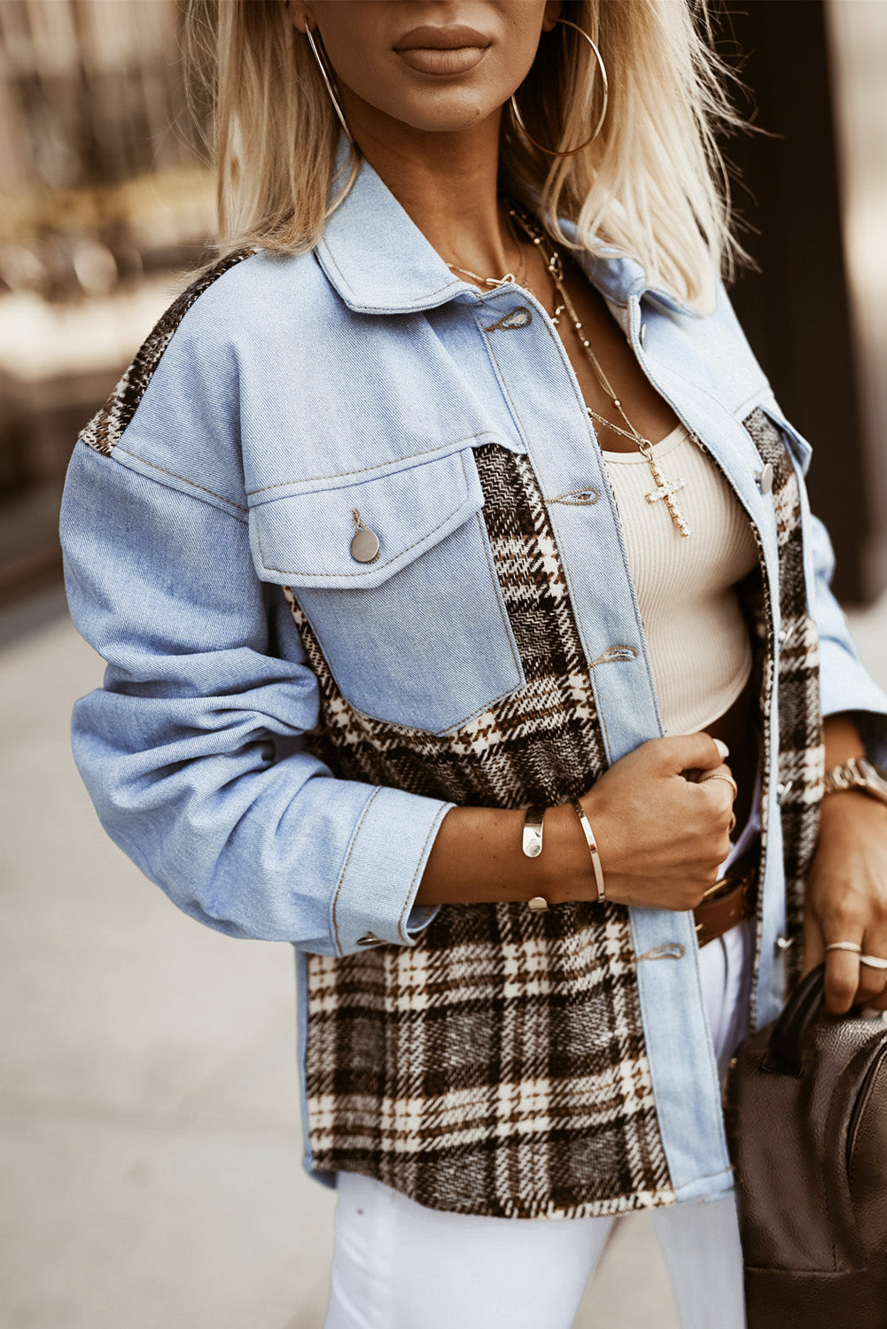 Sky Blue Plaid Patchwork Raw Hem Denim Jacket