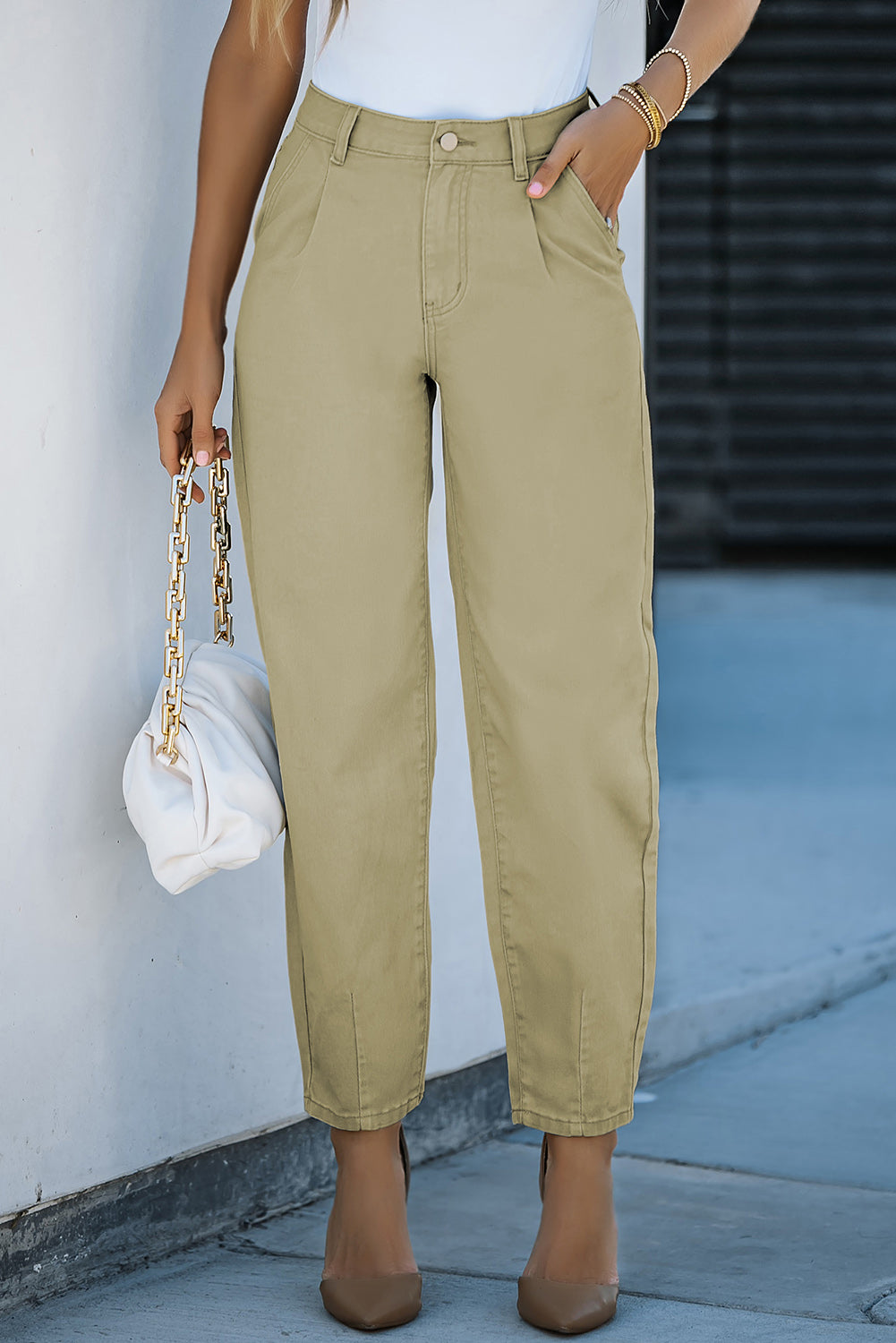 Khaki Solid High Waist Casual Pants