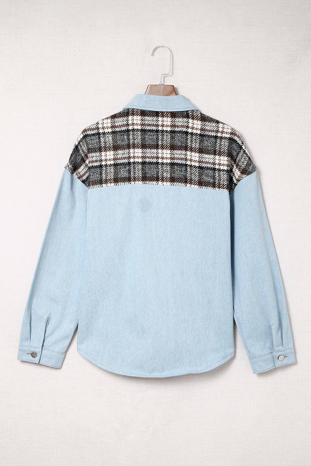 Sky Blue Plaid Patchwork Raw Hem Denim Jacket