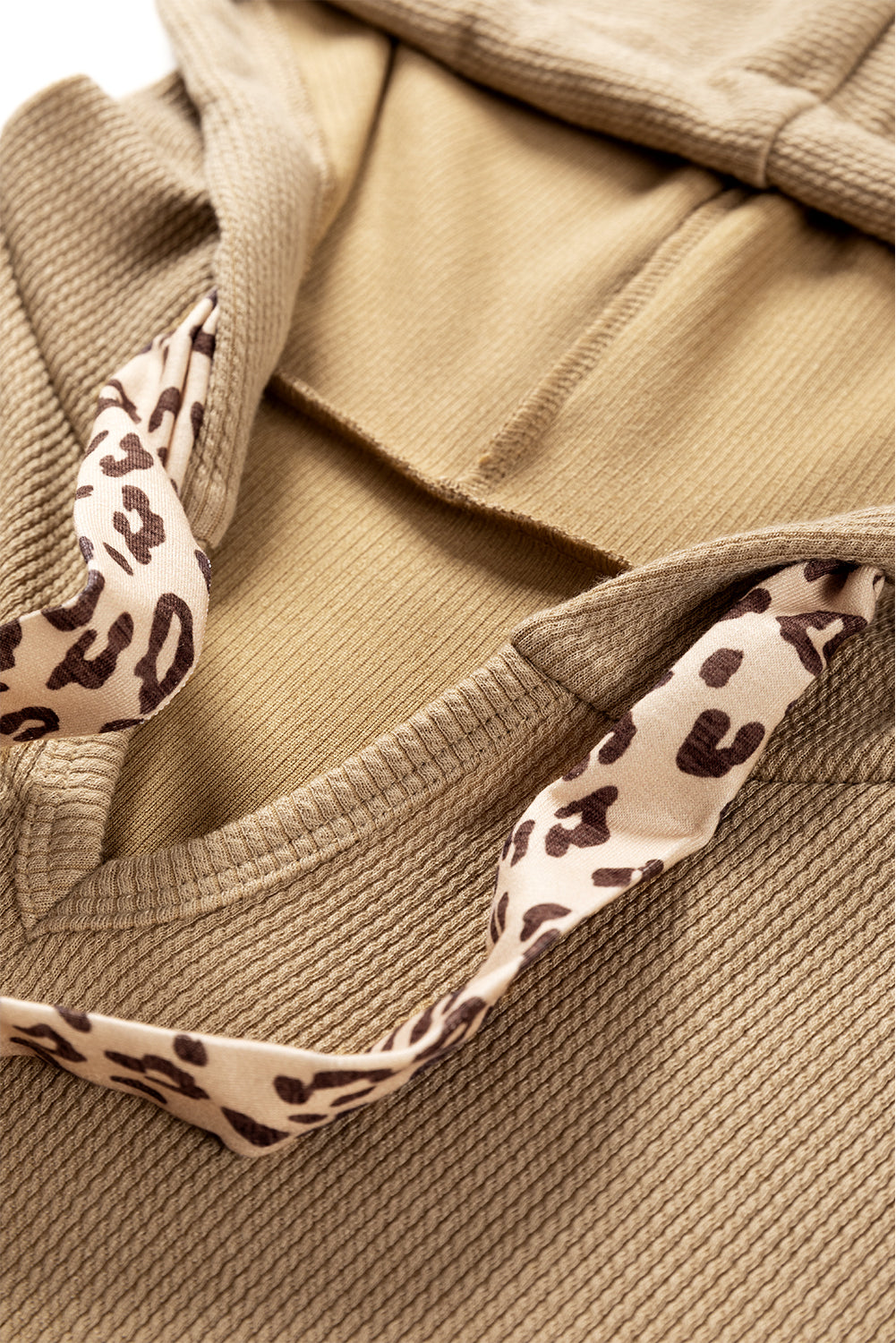 Khaki Leopard Patchwork Drawstring Hooded T Shirt