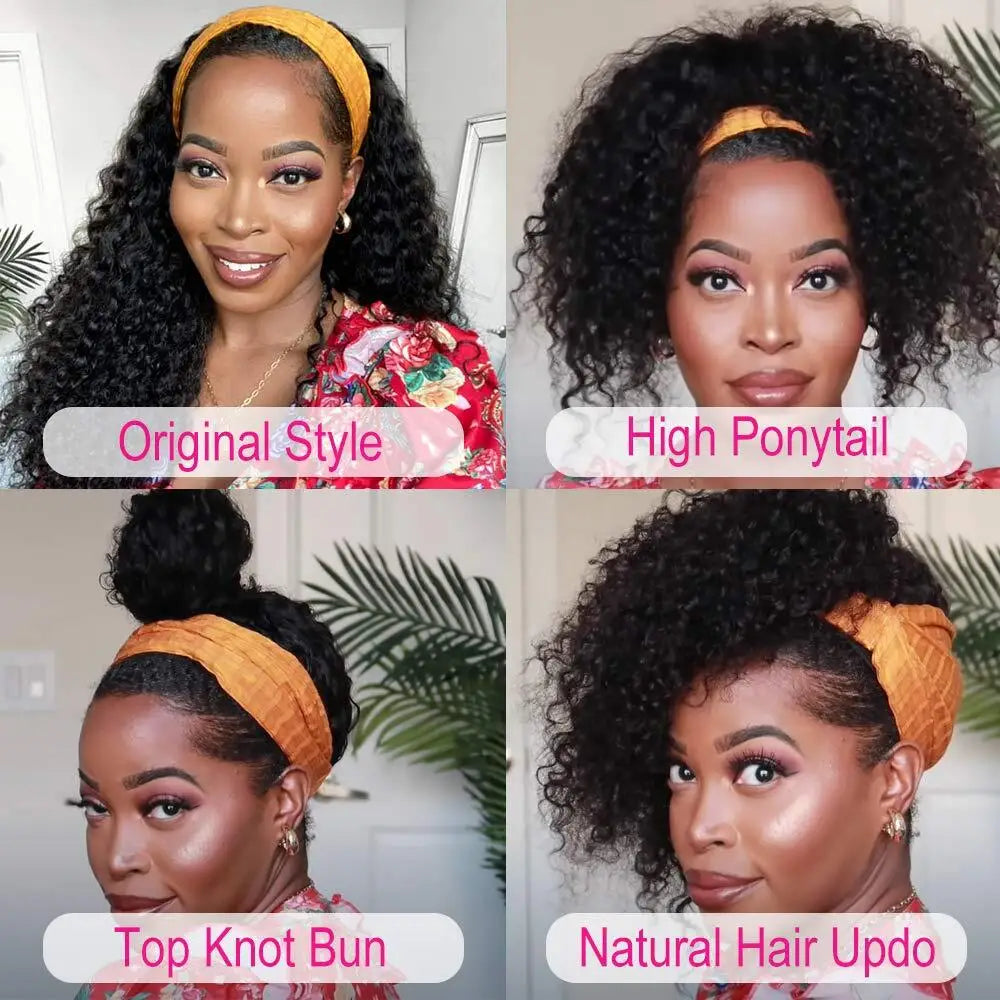 Headband Wig Human Hair Kinky Curly Glueless  180% DensiTY