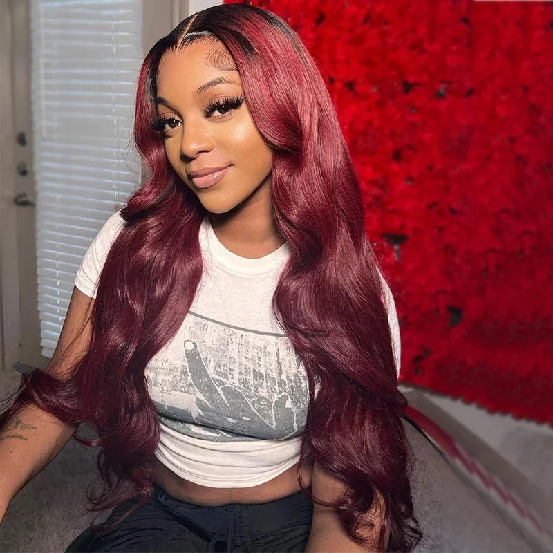 T99J Burgundy Body Wave Glueless Wig Human Hair Ready To Wear And Go