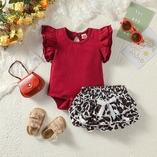 2pcs Girl Baby Summer Wine Red Flying Sleeve