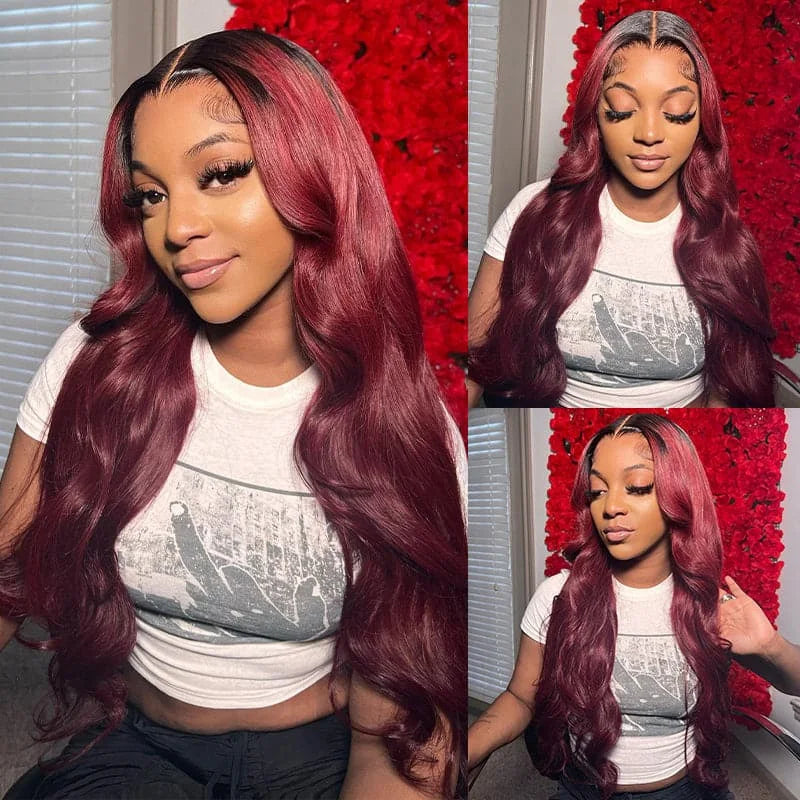 T99J Burgundy Body Wave Glueless Wig Human Hair Ready To Wear And Go