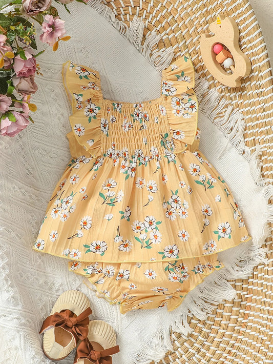 Girl 2Pcs Sleeveless Printing Floral  Square Collar