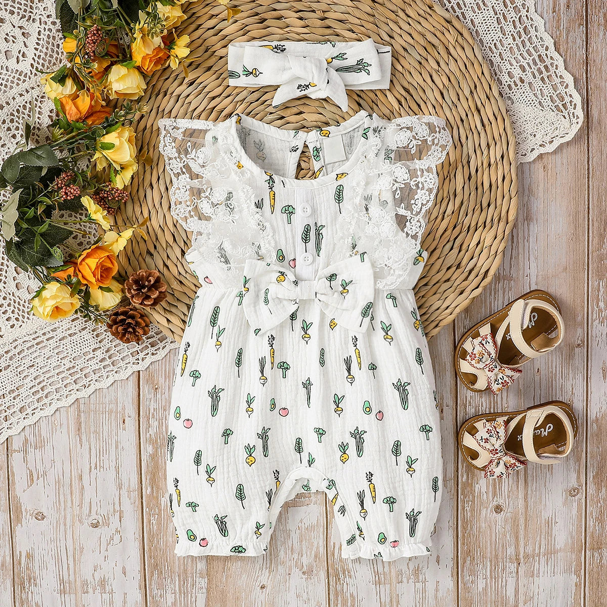 Girls Summer Sleeveless Lace Cotton Baby Bow Jumpsuit