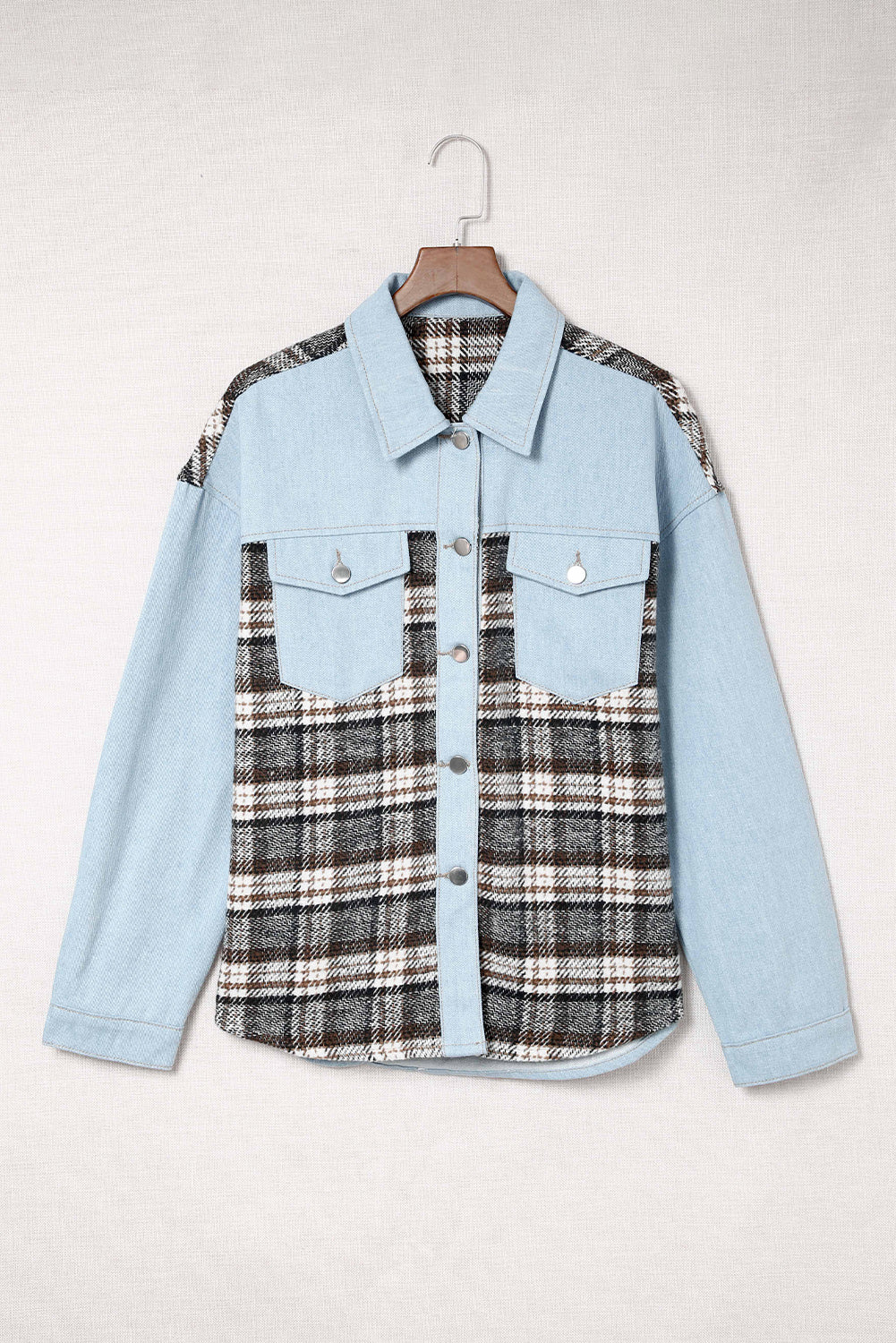 Sky Blue Plaid Patchwork Raw Hem Denim Jacket