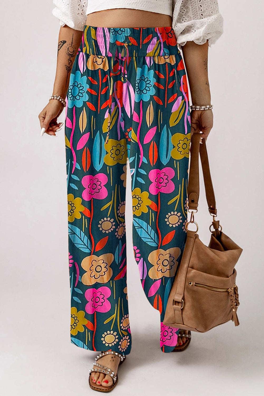 Green Floral Smocked Waist Loose Pants