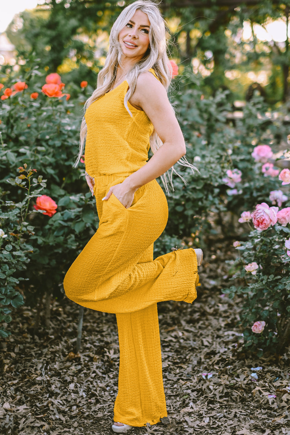 Yellow Crinkled U Neck Tank Top and Wide Leg Pants Set